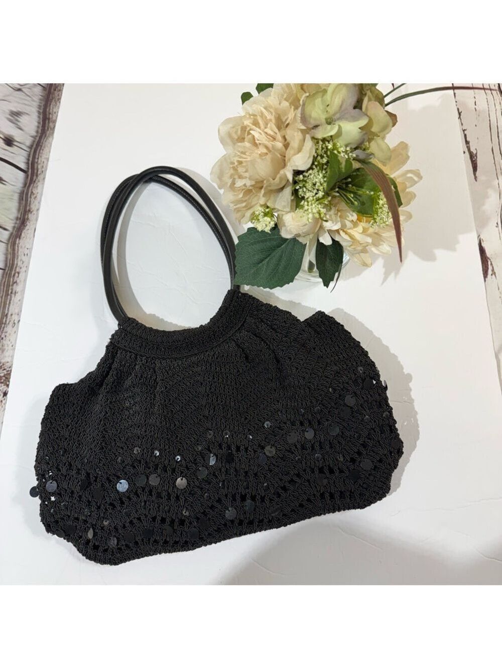 Black Crochet Handbag with Sequin Accents